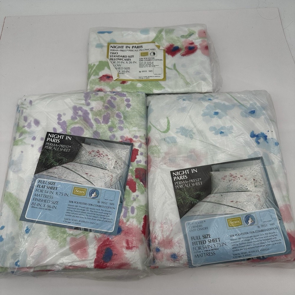 Vintage 70s Sears Night in Paris Floral Watercolor Full Size Sheet Set
